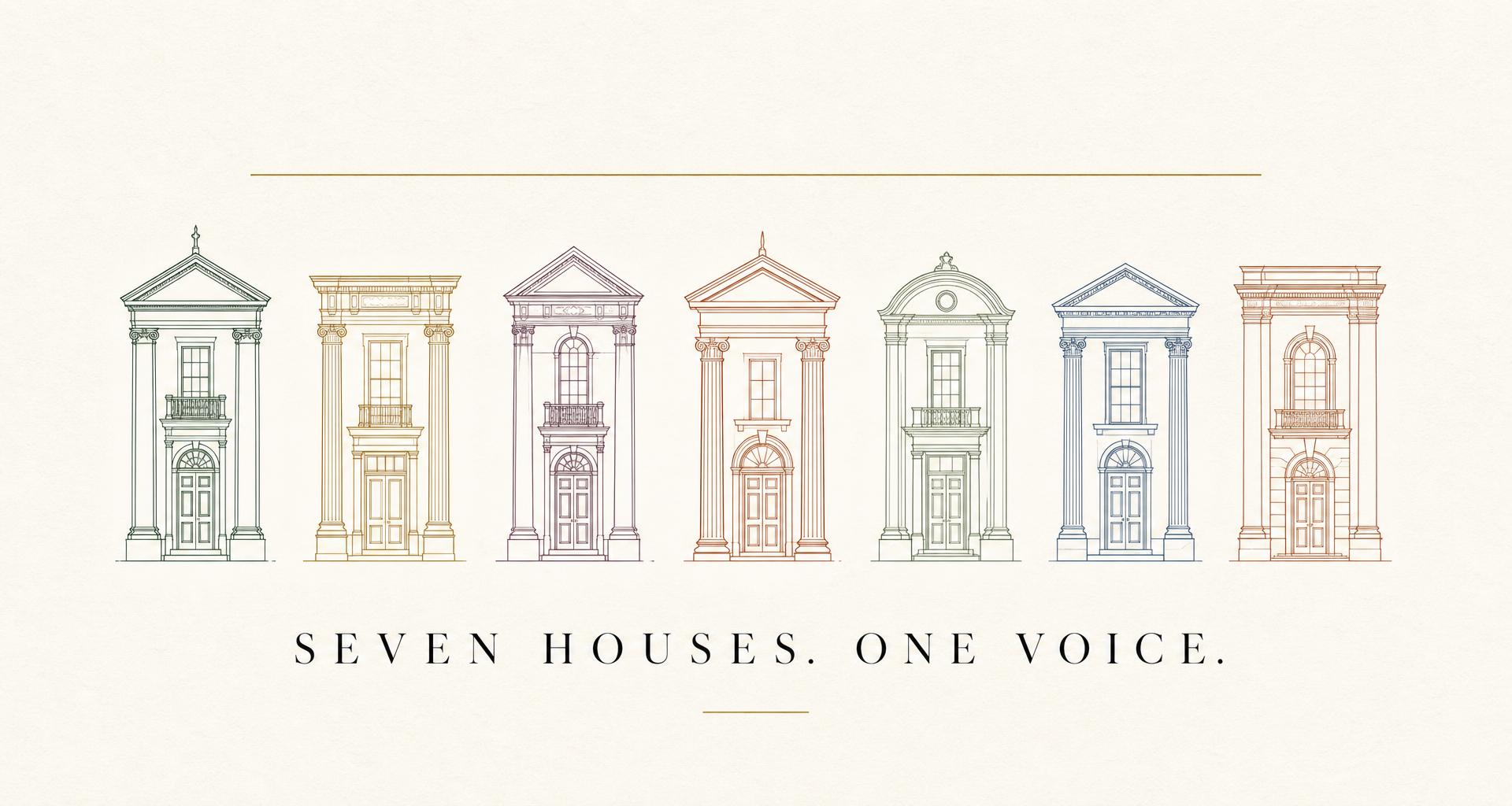 Seven Houses. One Voice. Line drawings of the seven Houses of RightStar, each in its own house colour.